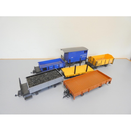 205 - LGB. Six G scale rolling stock carriages to include Lake George & Boulder goods wagon, timb... 