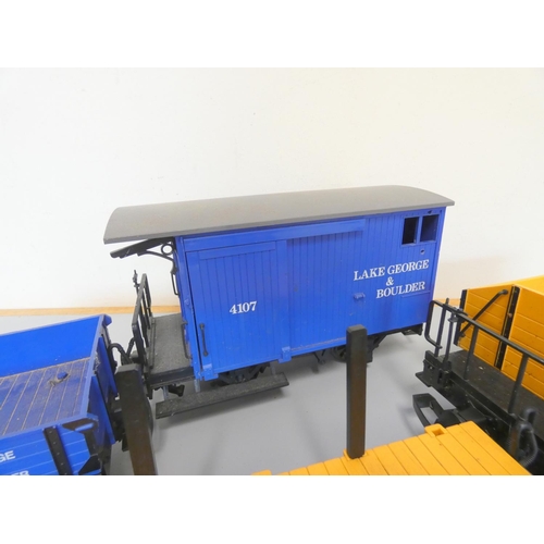 205 - LGB. Six G scale rolling stock carriages to include Lake George & Boulder goods wagon, timb... 