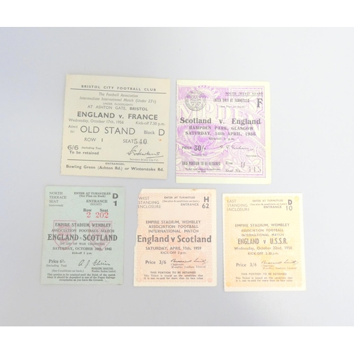 398 - Collection of England ticket stubs to include England VS France Oct 17th 1956, and a Wartime England... 