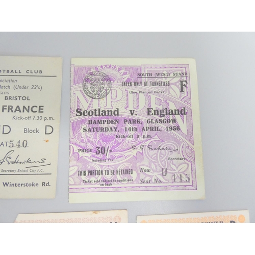 398 - Collection of England ticket stubs to include England VS France Oct 17th 1956, and a Wartime England... 