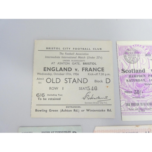 398 - Collection of England ticket stubs to include England VS France Oct 17th 1956, and a Wartime England... 