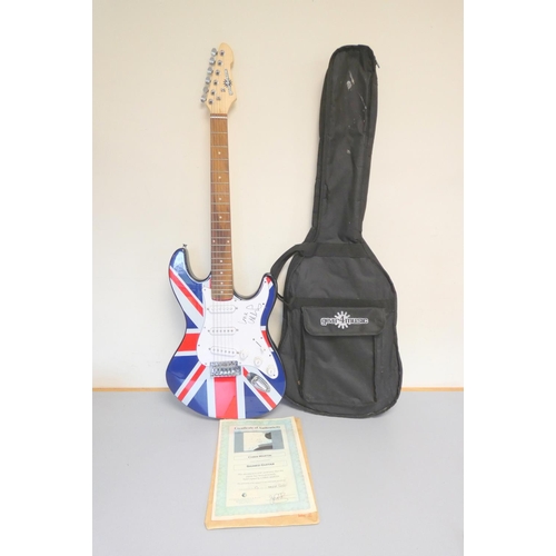 408 - Gear 4 Music Union Jack electric guitar signed by Chris Martin of Coldplay. With certificate of auth... 