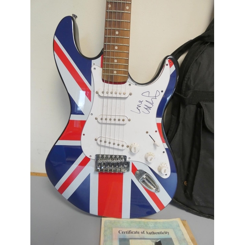 408 - Gear 4 Music Union Jack electric guitar signed by Chris Martin of Coldplay. With certificate of auth... 