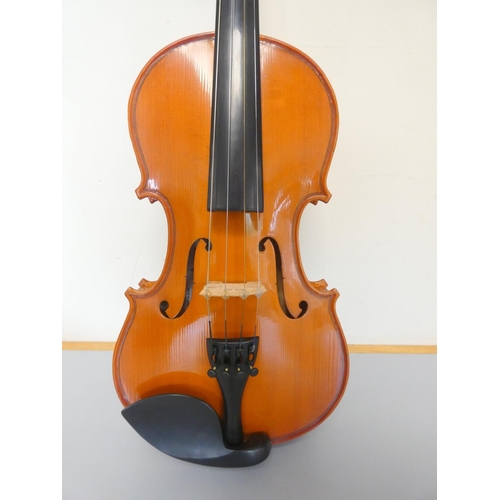 414 - Contemporary 3/4 violin by Cathedral, spruce top with two piece maple back. With case and bow.