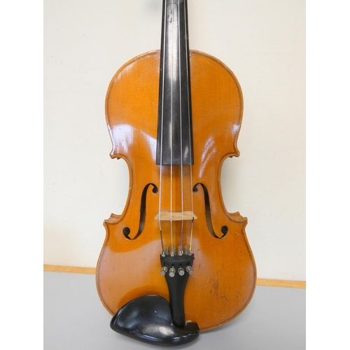 417 - Early 20th century 3/4 violin, spruce top with two piece maple back. With case and bow.