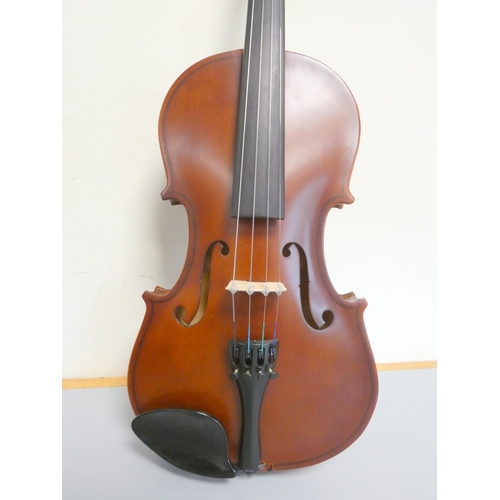 418 - Hindersine Inizio 3/4 violin, spruce top with two piece maple back. With case and bow.