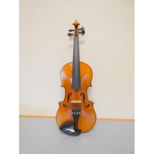 419 - 3/4 violin by Lark, spruce top with two piece maple back. With case and bow.