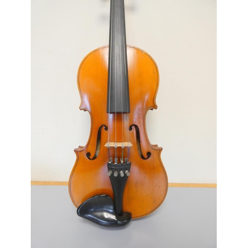 419 - 3/4 violin by Lark, spruce top with two piece maple back. With case and bow.