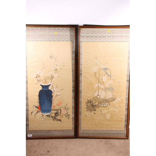 455 - CHINESE SCHOOL, pair of watercolours on silk depicting goldfish bowl and basket of flowers, 81cm x 3... 