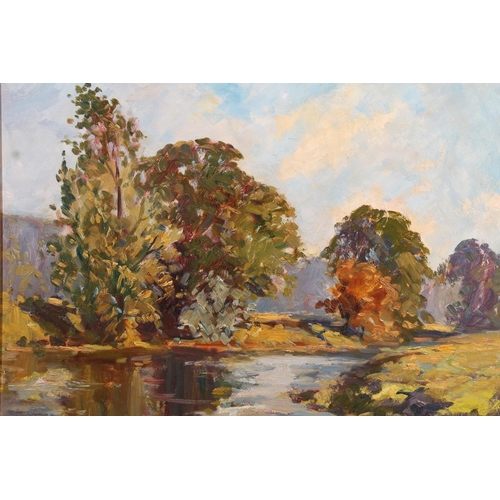 460 - JOHN D HENDERSON (Scottish 20th century), river bend, oil painting on board, signed lower right, 42c... 