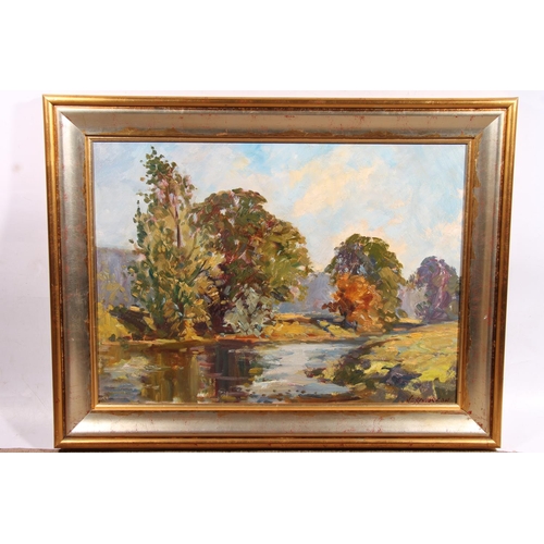 460 - JOHN D HENDERSON (Scottish 20th century), river bend, oil painting on board, signed lower right, 42c... 