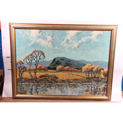 461 - FC (20th century), river landscape with autumnal trees and hills, oil painting on board, signed with... 