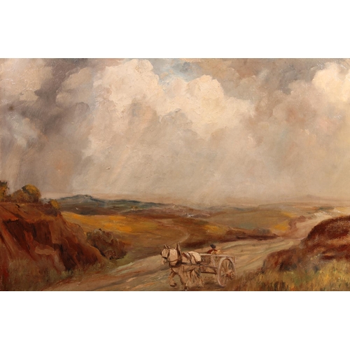 462 - J C MACGREGOR, horse pulling figure in cart on a road in a Scottish heather strewn landscape, oil pa... 