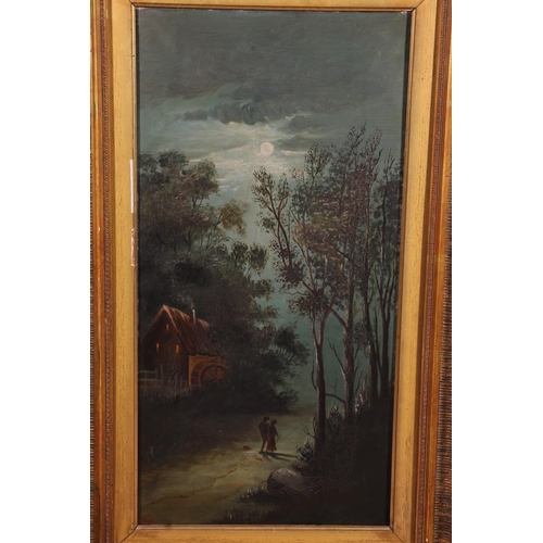 464 - J DOUGLAS, nocturne landscape with figures on a country road passing a mill, oil painting on canvas,... 