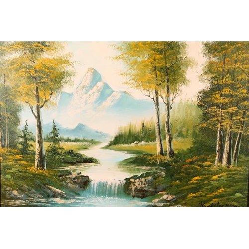 466 - 20TH CENTURY SCHOOL, mountainous river landscape, oil painting on canvas, signed indistinctly lower ... 