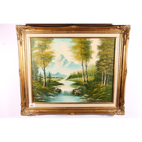 466 - 20TH CENTURY SCHOOL, mountainous river landscape, oil painting on canvas, signed indistinctly lower ... 