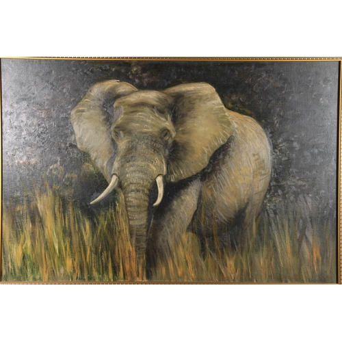 467 - H YOUWOOG? elephant in long grass, oil painting on board, signed indistinctly lower right, 50cm x 75... 