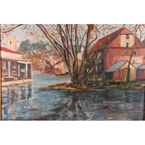 468 - DONALD CLEGG, town on a lake, oil painting on canvas, signed lower right, 34cm x 45cm. F LEAN, still... 