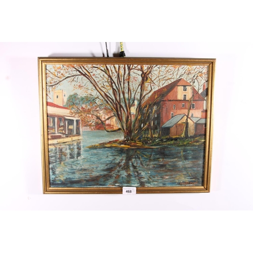 468 - DONALD CLEGG, town on a lake, oil painting on canvas, signed lower right, 34cm x 45cm. F LEAN, still... 