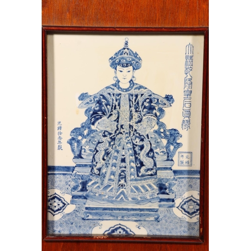 470 - CHINESE SCHOOL, emperor and wife sat on thrones, pair of porcelain panels, signed with seal mark and... 