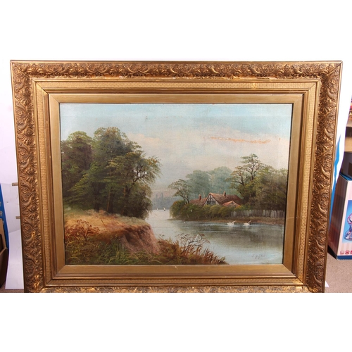 473 - F J JOBSON, swans on a lake, oil painting on canvas, signed lower right, 54cm x 74cm, gilt frame 80c... 