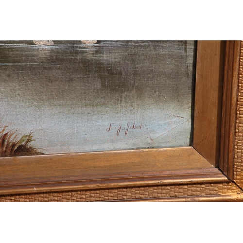 473 - F J JOBSON, swans on a lake, oil painting on canvas, signed lower right, 54cm x 74cm, gilt frame 80c... 