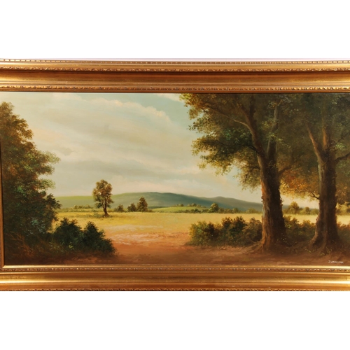 474 - J STEWART, rolling hills and fields through trees, oil painting on board, signed lower right, 45cm x... 