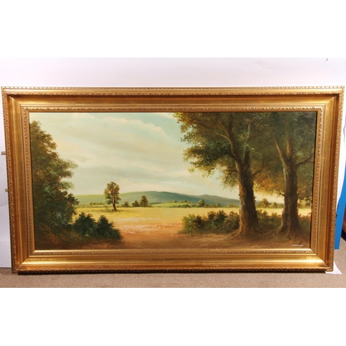 474 - J STEWART, rolling hills and fields through trees, oil painting on board, signed lower right, 45cm x... 