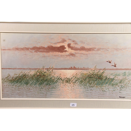 475 - HOMMES, ducks taking flight, oil painting on canvas, signed lower right, 39cm x 80cm, frame 53cm x 9... 