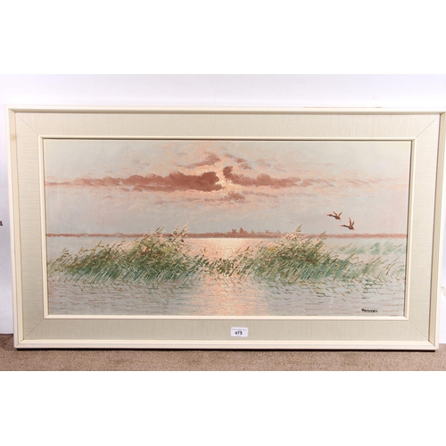 475 - HOMMES, ducks taking flight, oil painting on canvas, signed lower right, 39cm x 80cm, frame 53cm x 9... 