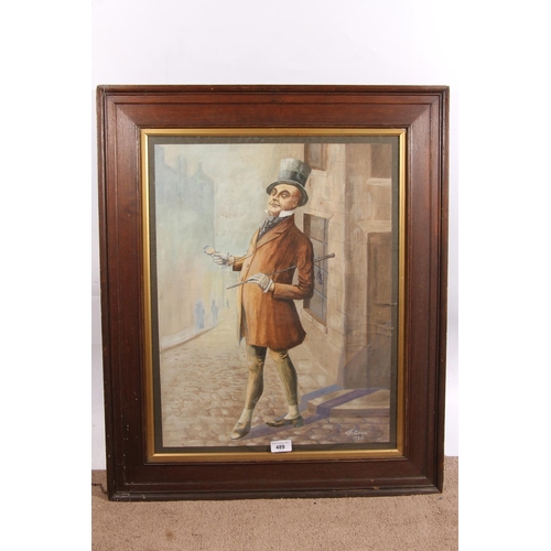 489 - J F CONN, full length portrait of Mr Micawber, watercolour painting, signed and dated 1930 lower rig... 