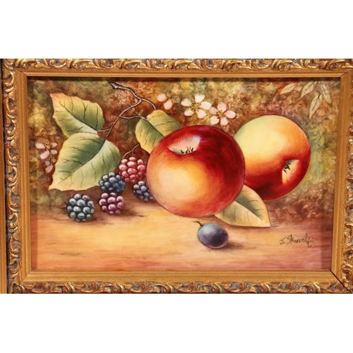 495 - JAMES SKERRETT, still life of fruit, a pair of paintings on porcelain plaques in the manner of Worce... 