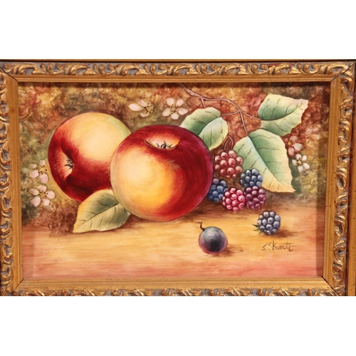 495 - JAMES SKERRETT, still life of fruit, a pair of paintings on porcelain plaques in the manner of Worce... 