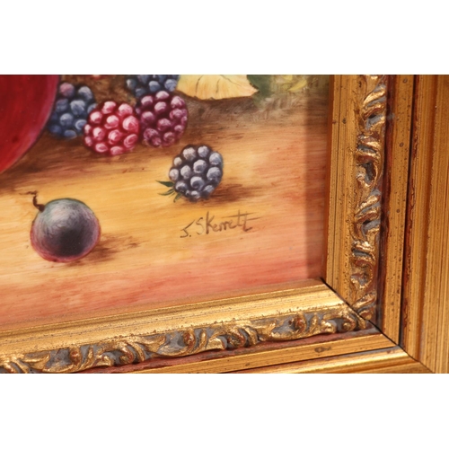 495 - JAMES SKERRETT, still life of fruit, a pair of paintings on porcelain plaques in the manner of Worce... 