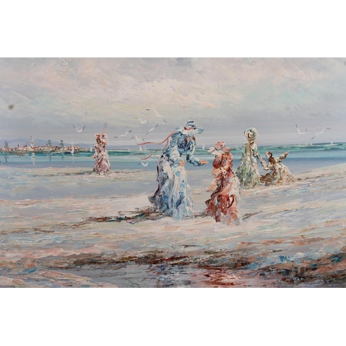 497 - MARIE CHARLOT, figures on a beach, pair of oil paintings on board, signed, 50cm x 60cm, frames 60cm ... 