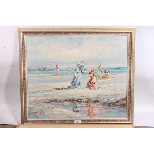 497 - MARIE CHARLOT, figures on a beach, pair of oil paintings on board, signed, 50cm x 60cm, frames 60cm ... 