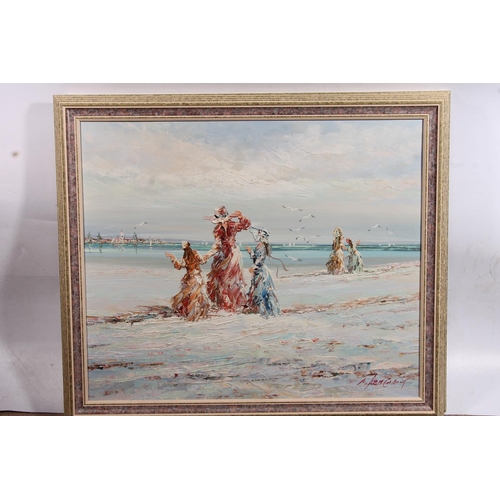 497 - MARIE CHARLOT, figures on a beach, pair of oil paintings on board, signed, 50cm x 60cm, frames 60cm ... 