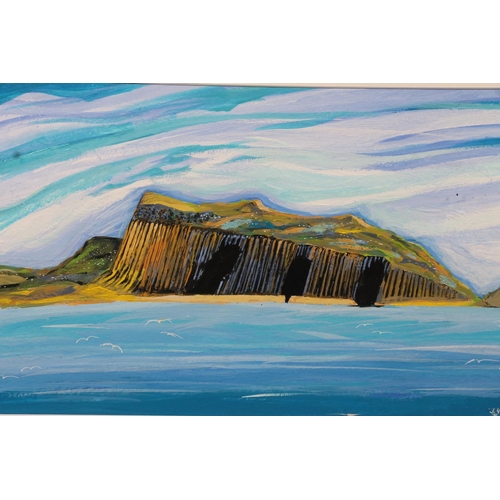 498 - J WETTEN BROWN, Staffa and Fingals Cave, oil painting on paper, signed lower right, 24cm x 42cm, fra... 