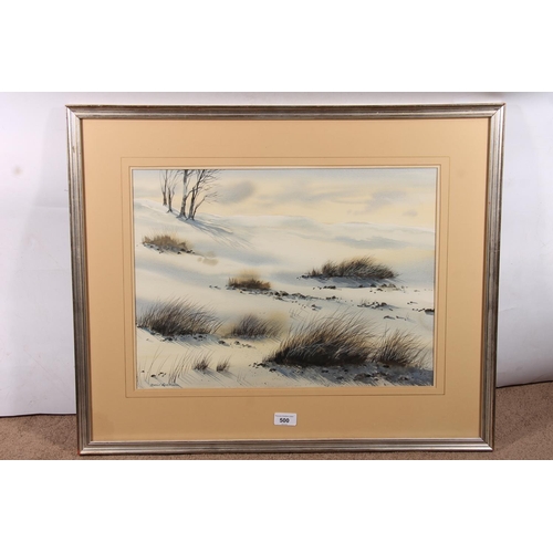 500 - DAVID GRAHAM, Winter Grasses Border Snows 1986, watercolour, signed lower left, 36cm x 50cm, frame 5... 