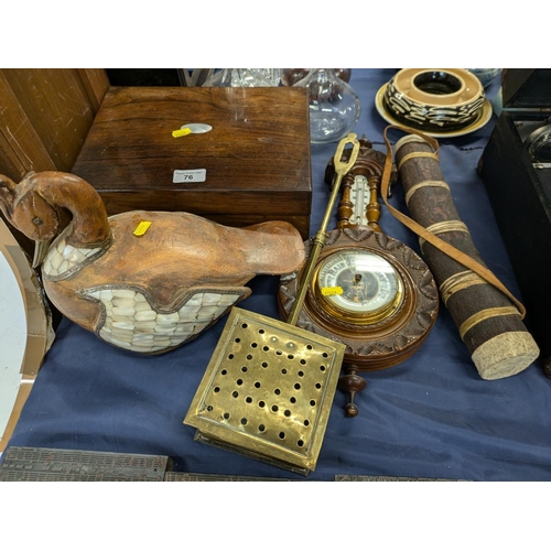 76 - Victorian rosewood and mother-of-pearl table box with wheel barometer, a small chestnut roaster, a t... 