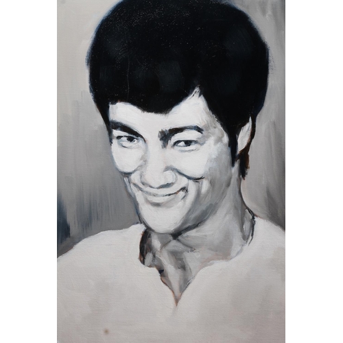 422 - K CROMBIE, The One, bust length portrait of Bruce Lee, oil painting on canvas, signed with initials ... 