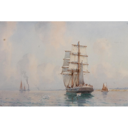 426 - SAMUEL JOHN MILTON BROWN (British, 1873-1965), ship in full sail, watercolour, signed lower left, 21... 