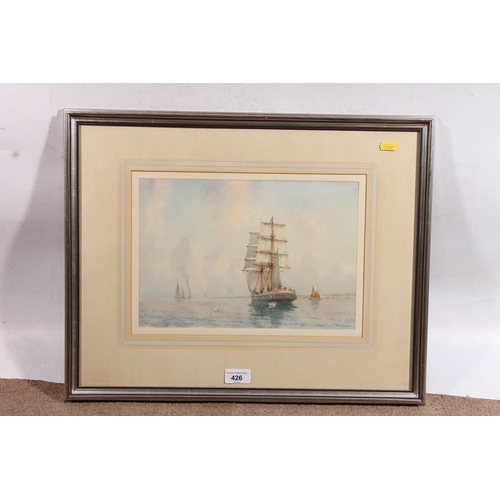 426 - SAMUEL JOHN MILTON BROWN (British, 1873-1965), ship in full sail, watercolour, signed lower left, 21... 