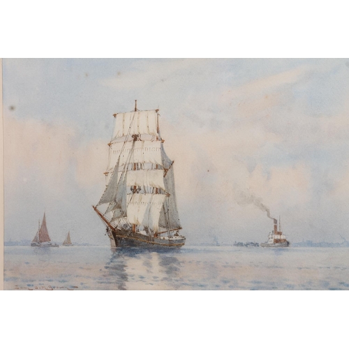 427 - SAMUEL JOHN MILTON BROWN (British, 1873-1965), ship in full sail, watercolour, signed lower left, 21... 