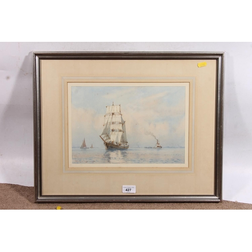 427 - SAMUEL JOHN MILTON BROWN (British, 1873-1965), ship in full sail, watercolour, signed lower left, 21... 