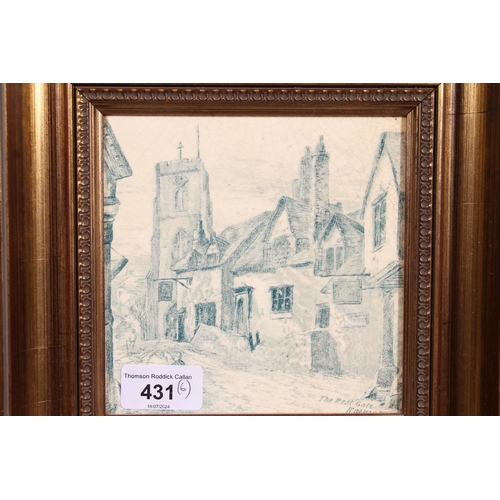 431 - Framed pottery tile 'The West Gate Warwick', 14cm x 14cm, frame 24cm x 24cm, four Art Deco style cos... 