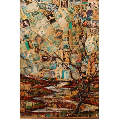 437 - RAFFI, tree and river with stamps, mixed media, signed and dated '78 lower right, 60cm x 50cm, frame... 