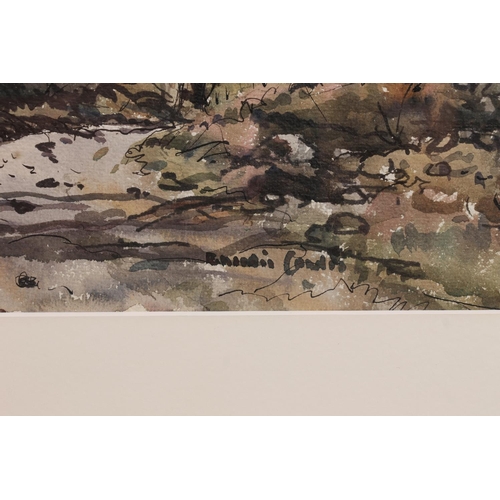 439 - COWIE, woodland landscape, watercolour and ink, signed indistinctly lower mid right, 33cm x 43cm, fr... 