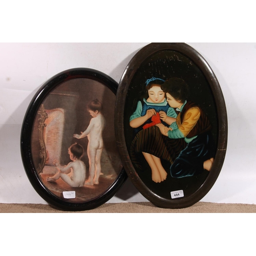 444 - Portrait of a girl sewing and a young boy, back painted on glass, oval 45cm x 28cm, frame 52cm x 34c... 