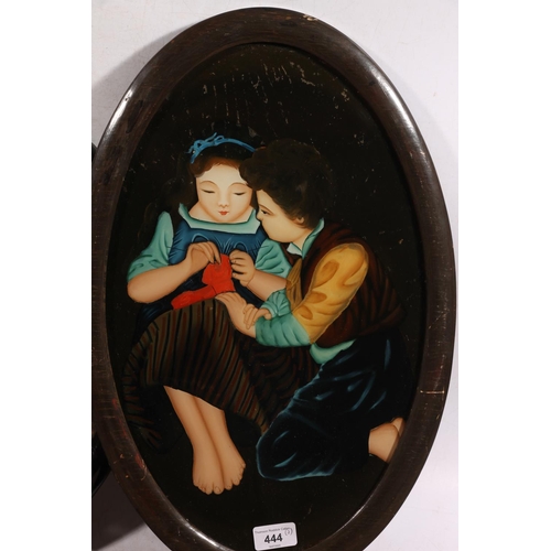 444 - Portrait of a girl sewing and a young boy, back painted on glass, oval 45cm x 28cm, frame 52cm x 34c... 